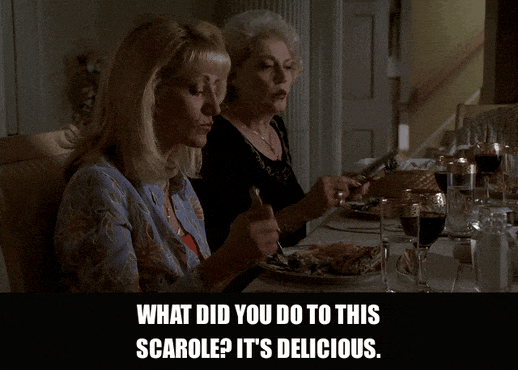 Edie Falco in The Sopranos (1999), captioned "What did you do to this scarole? It's delicious.", Delighted and Surprised reaction animated GIF