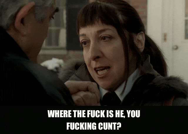 Frank Vincent in The Sopranos (1999), captioned "Where the fuck is he, you fucking cunt?", Rage and Menace reaction animated GIF