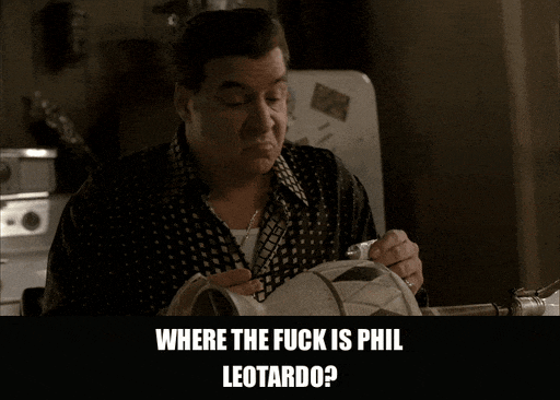 James Gandolfini in The Sopranos (1999), captioned "Where the fuck is Phil Leotardo?", Angry and Frustrated reaction animated GIF