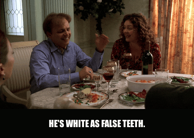 Joe Pantoliano in The Sopranos (1999), captioned "He's white as false teeth.", Gleeful and Boastful reaction animated GIF