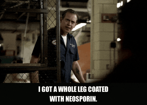 Steve Buscemi in The Sopranos (1999), captioned "I got a whole leg coated with Neosporin.", Annoyed and Exasperated reaction animated GIF