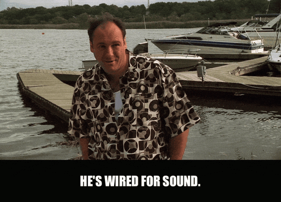 Wired For Sound from The Sopranos (1999), captioned "He's wired for sound.", Shocked and Conspiratorial reaction animated GIF