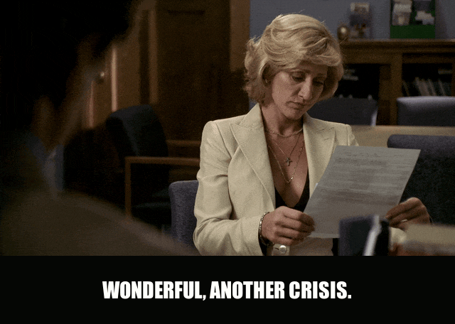 Edie Falco in The Sopranos (1999), captioned "Wonderful, another crisis.", Exasperated and Sarcastic reaction animated GIF