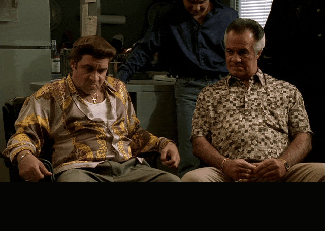 James Gandolfini and Michael Imperioli in The Sopranos (1999), captioned "You killed little Cosette? I oughta suffocate you, you little prick!", Enraged and Shocked reaction animated GIF