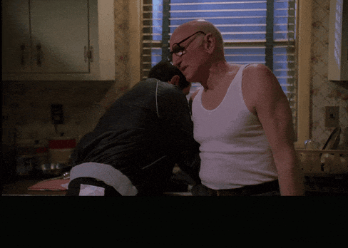 David Proval and Dominic Chianese in The Sopranos (1999), captioned "Limp, you're flexing! Let it go limp. Limp.", Tense and Irritated reaction animated GIF