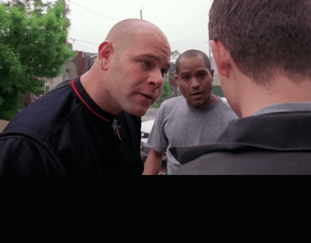 Domenick Lombardozzi and Seth Gilliam in The Wire (2002), captioned "We're not even gonna use your real name. You're gonna be registered as Fuzzy Dunlop. A street name. Fuzzy Dunlop?", Deadpan and Amused reaction animated GIF