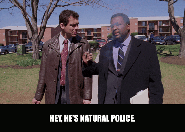 Wendell Pierce and Dominic West in The Wire (2002), captioned "Hey, he's natural police.", Admiring and Emphatic reaction animated GIF