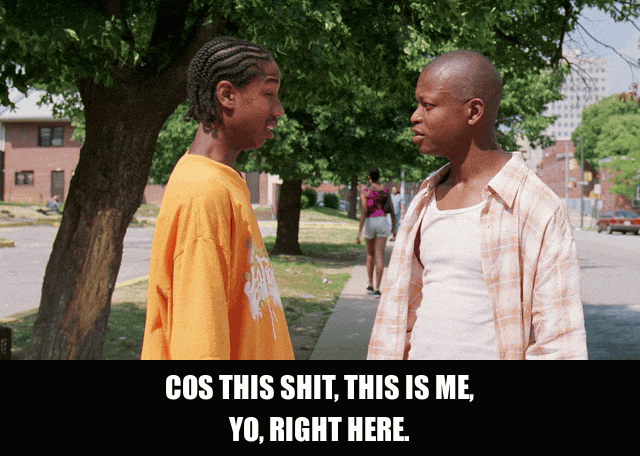 Michael B. Jordan and Tray Chaney in The Wire (2002), captioned "Cos this shit, this is me, yo, right here.", Content and Matter-Of-Fact reaction animated GIF