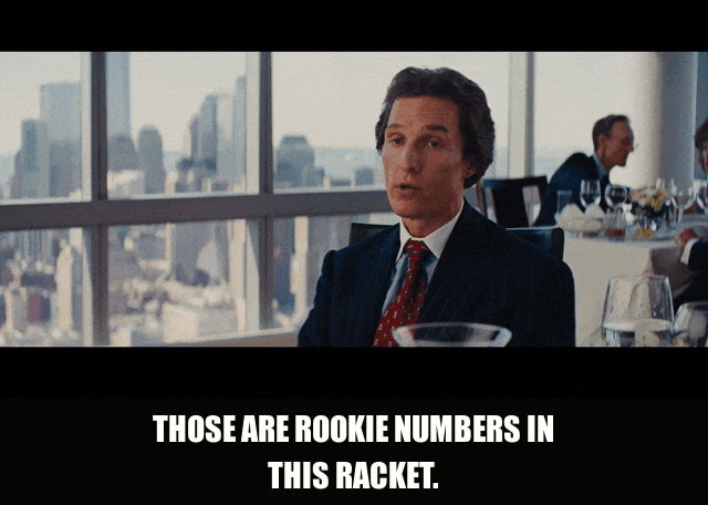 Matthew Mcconaughey in The Wolf of Wall Street (2013), captioned "Those are rookie numbers in this racket.", Smug and Deadpan reaction animated GIF