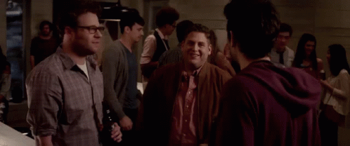 Jay Baruchel and Seth Rogen in This Is the End (2013), Excited and Friendly reaction animated GIF