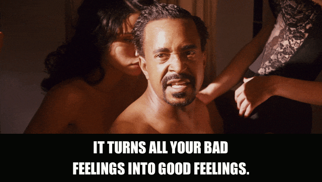 Tim Meadows in Walk Hard (2007), captioned "It turns all your bad feelings into good feelings.", Deadpan and Sly reaction animated GIF