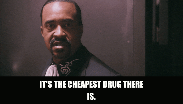 Tim Meadows in Walk Hard (2007), captioned "It's the cheapest drug there is.", Deadpan and Sly reaction animated GIF