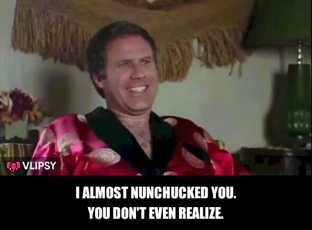 Will Ferrell in Wedding Crashers (2005), captioned "I almost nunchucked you. You don't even realize.", Funny and Awkward reaction animated GIF